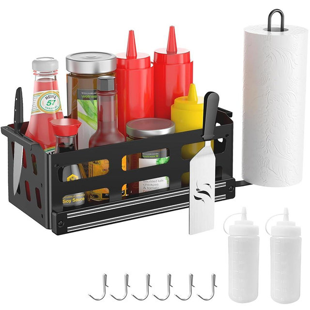 Griddle Caddy for Blackstone Griddles 28"/36"/Prep Cart, Blackstone Caddy with Squeeze Bottle, Blackstone Griddle Accessories Space Saver, BBQ Grill Storage Organizer with Magnetic Tool Holder