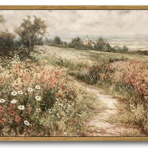 OIQArtOIQ Framed Canvas Wall Art,Vintage Decor,Landscape Nature Country Wildflower Paintings Farmhouse Pictures Modern Artwork Rustic Fall Flower Prints Cottagecore Office Living Room Bedroom Bathroom