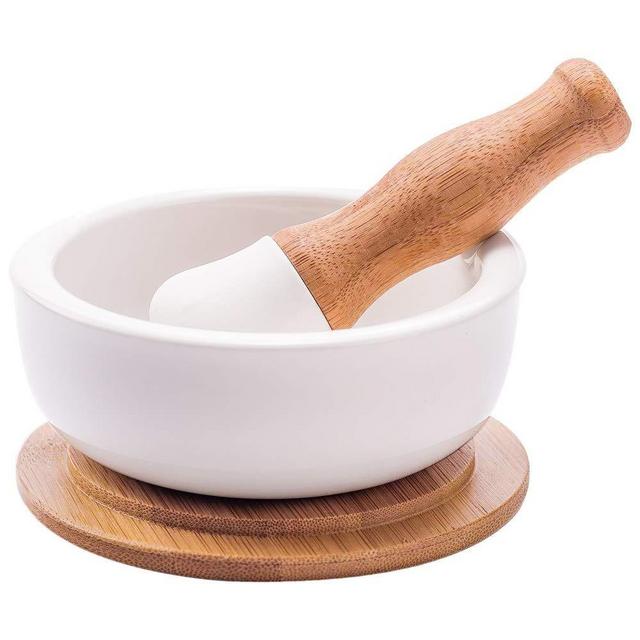 Porcelain Mortar and Pestle Set – Pill Crusher, Spice Grinder, Herb Bowl, Pesto Powder – Molcajete for Salt - PLUS Lid/Non-Slip Base