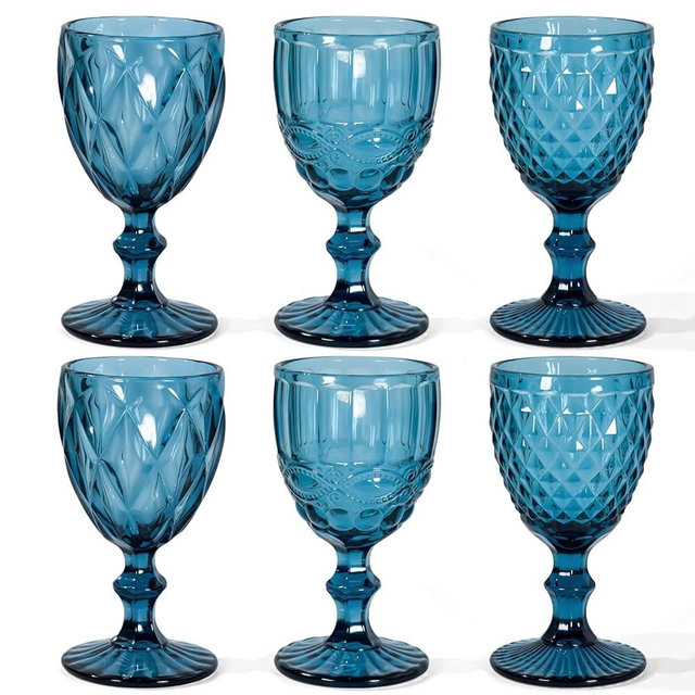CHLJAR Vintage Wine Glasses Set of 6, 12 OZ Colored Glass Water Goblets, Embossed Floral Decorative Crystal Glass Cups Set, Dishwasher Safe, for Wedding, Party, Red Wine Glass, Bars, Restaurants