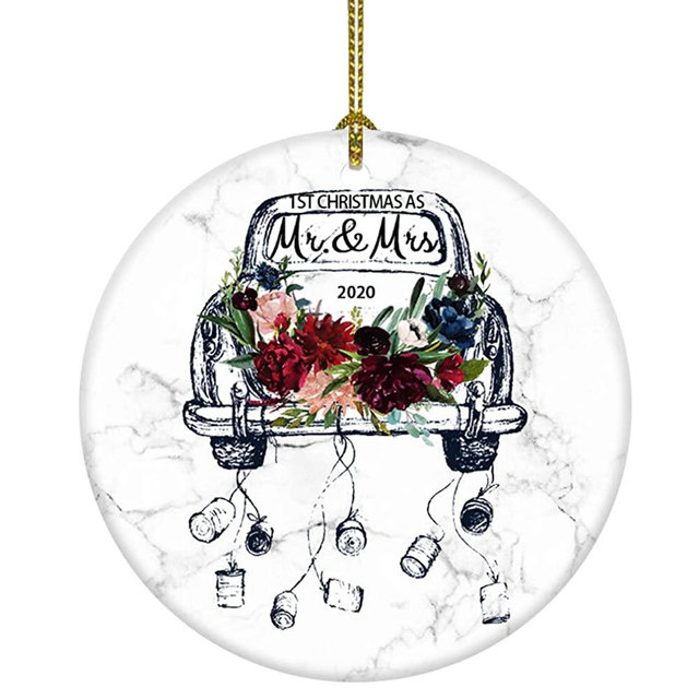 JUOOE Red Flower in Car First Christmas as Mr & Mrs Ornament First Christmas Ornament Gift for Couple 2020 Christmas First Wedding Ornaments (Red Flower car Mr Mrs)