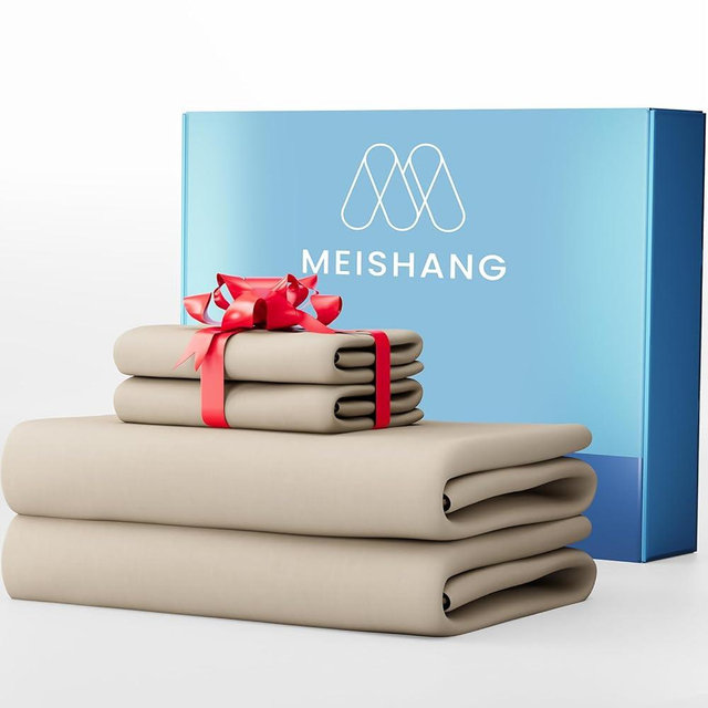 MEISHANG 1000 Thread Count Cotton Sheets King Size - 100% Egyptian Cotton, Sateen Weave, Soft & Breathable, Oeko-Tex Certified, 16" Deep Pockets - 4 Piece (King, Linen)