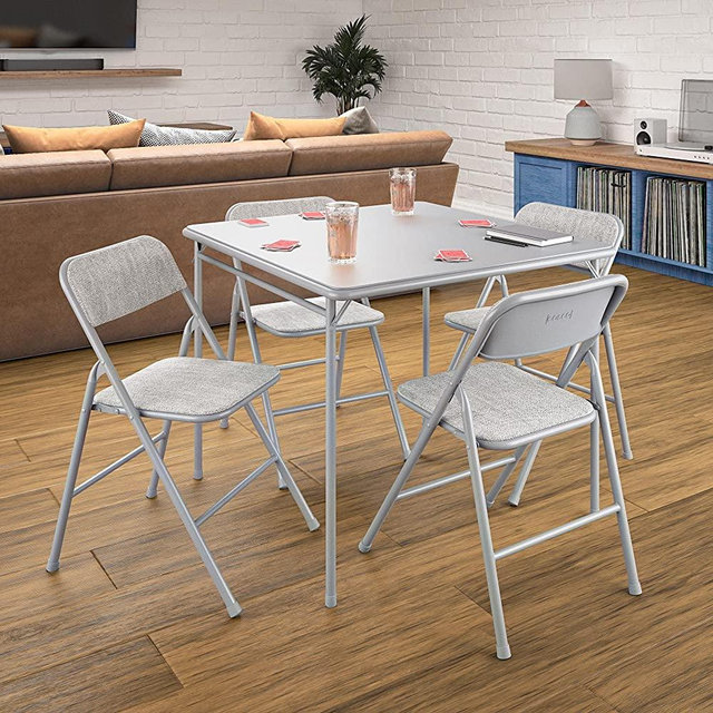COSCO Premium 5-Piece Table & Chair Dining Set, with 34" Vinyl Top Card Table and 4 Fabric Padded Seat & Back Folding Chairs, Gray