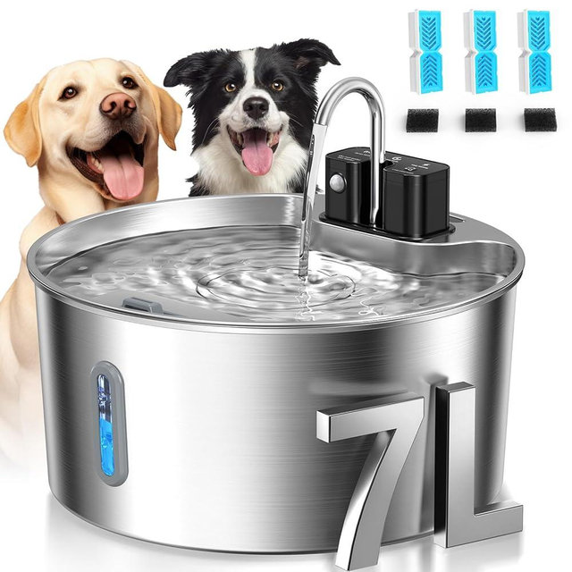 Voluas Dog Water Fountain: 1.8Gal/7L Wireless Stainless Steel Dog Fountain Bowl for Small to Large Dogs, Battery Operated Pet Water Dispenser Indoor with Ultra-Quiet Pump, Easy Clean, 3 Filter