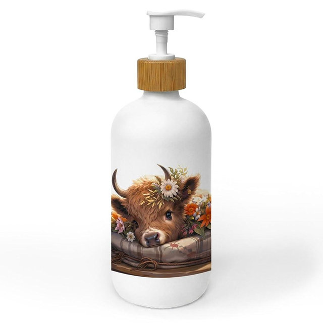 ChissNook Floral Highland Cow Soap Dispenser, Rustic Farmhouse Farm Animal Glass Dish Soap Dispenser for Kitchen, Highland Cow Refillable Handsoap Pump Bottle for Bathroom Countertop Kitchen