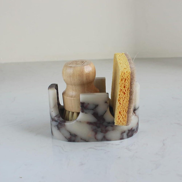 Nawgnail Natural Travertine Marble 2-Slot Sponge Holder for Kitchen Counter, 2-in-1 Stone Drying Rack, Sponge Caddy for Sink Organizer - Calacatta Viola Marble