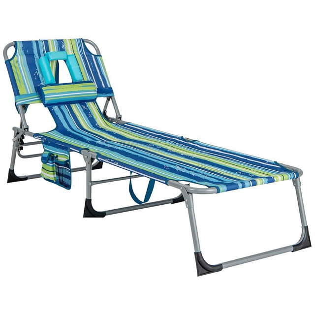 GYMAX Tanning Chair, Folding Beach Lounger with Face Arm Hole, Adjustable Backrest, Side Pocket & Carry Handle, Outside Sunbathing Lounge Chair for Patio, Poolside, Lawn (1, Blue Stripe)