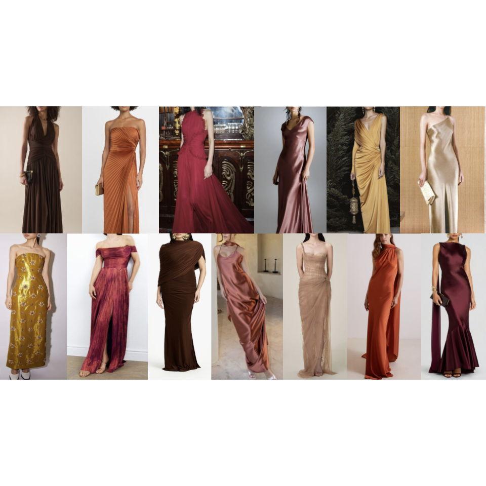 Wedding Attire: Long Gown,
Color Palette: Burnt amber, chocolate brown, antique gold, crimson, ochre, and wine — a rich and romantic nod to autumn (avoid pastels, no black and white)