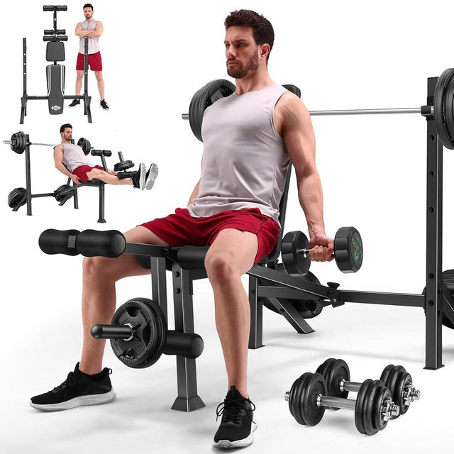 ANCHEER Weight Bench, 3 Sec Foldable Workout Bench with Squat Rack Leg Extension & Leg Curl, 900LBS Adjustable Bench Press for Home Gym, Standard Strength Training Bench