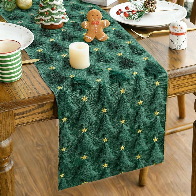 Christmas Table Runner, Xmas Trees Star Green Soft Plush Faux Fur Jacquard Kitchen Dining Table Decoration for Farmhouse Home Party Decor 13x72 Inch (Green A, 13" x 72")