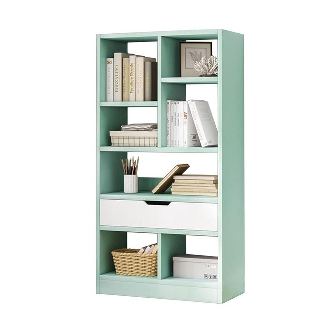 IOTXY Wooden Open Shelf Bookcase - 51 Inches Height Freestanding Display Storage Cabinet Organizer with 7 Cubes and a Drawer, Floor Standing Bookshelf in Tiffany-Green