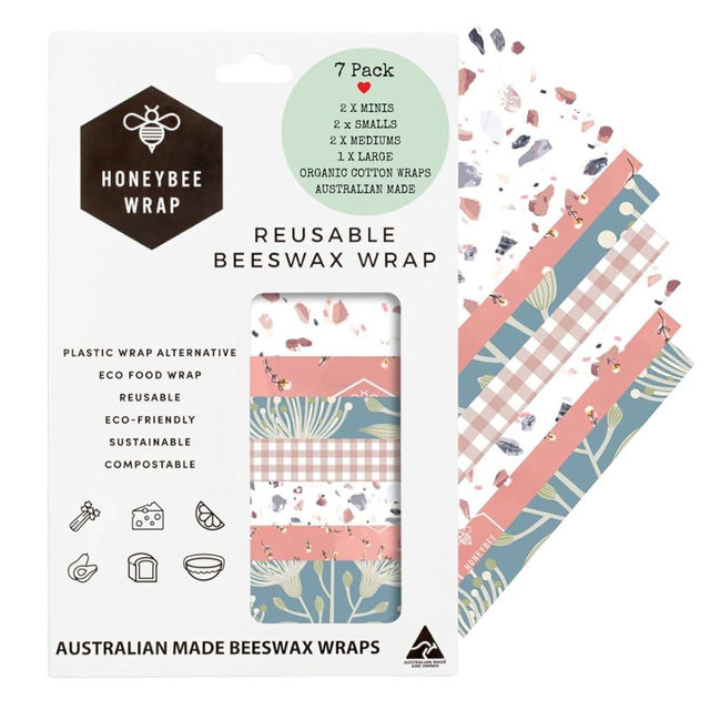 Honeybee Wrap Reusable Beeswax Wraps for Food | 7 Pack | Eco Friendly, Organic, Biodegradable, Plastic Free, Bee's Wrap for Reusable Bowl Covers and Food Storage | Reusable Cling Wrap | Australia Made