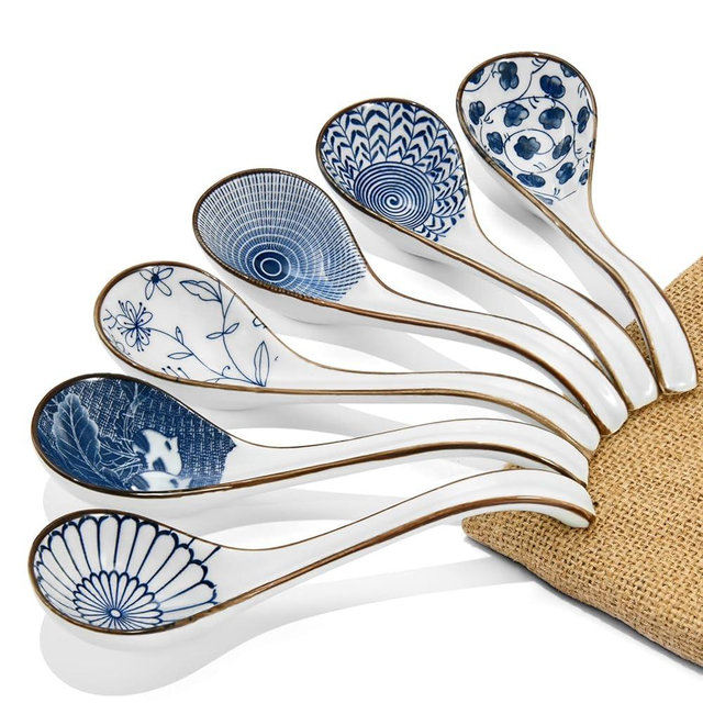 6PCS Asian Ceramic Soup Spoon, with Long Handle Easy to Hold, Non-slip Bottom, for Japanese Ramen, Chinese and Vietnamese Wonton, Noodle Soup Spoons (V90)
