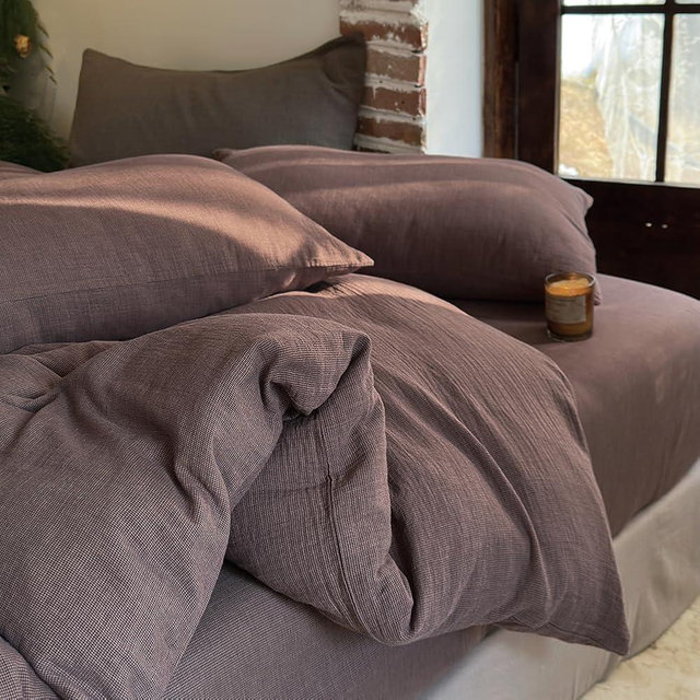 NSNLGSGC 100% Muslin Cotton Houndstooth Duvet Cover King Size, 2-Layer Small Checked Lightweight and Breathable Muslin Bedding, Linen Like Gauze Comforter Cover Set (Mocha Houndstooth, King)