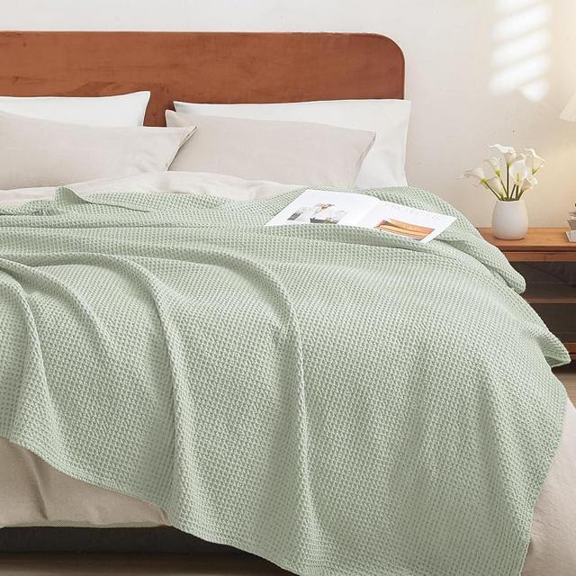 PHF 100% Cotton Waffle Weave Blanket Queen Size 90"x90" - Lightweight Cozy Washed Soft Breathable Throw - Great Layer for Couch Bed Sofa- Elegant Aesthetic Home Decoration Gift- Sage Green