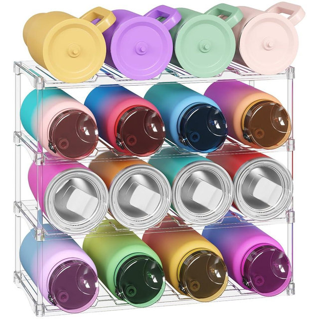 Lifewit Stackable Water Bottle Storage Organizer, Clear Tumbler Cup Mug Organizer, Plastic Large Compartment Wine Rack for Fridge Cellar Kitchen Pantry Storage, 4Tier Hold 16