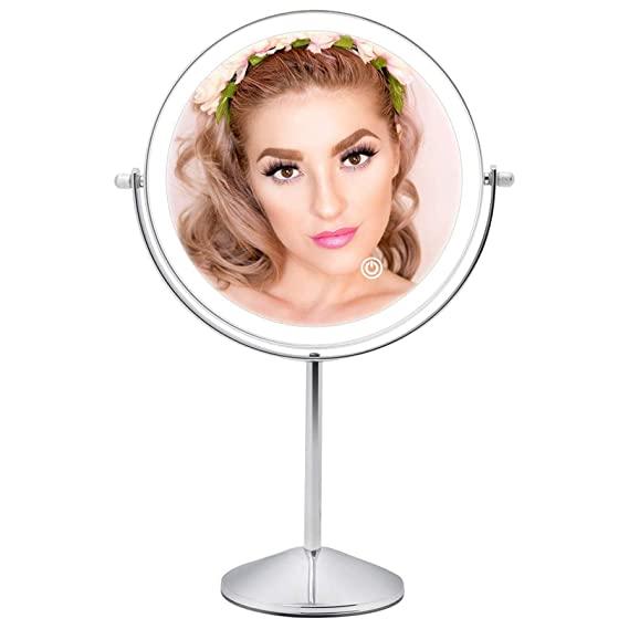 Rechargeable Lighted Makeup Mirror with 3 Color Lights, 8 Inch 1x/10x Magnifying Double Sided Led Vanity Mirror, 10x Magnification Cosmetic Mirror Tabletop Cord/Cordless