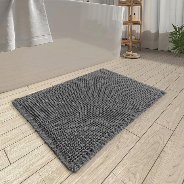 AMOAMI Upgraded Waffle Bath Mat, Super Absorbent Non Slip Bath Mats for Bathroom Floor, Machine Washable Bathroom Rugs with Tassels, Rubber Backed Bathroom Mats, Ultra Soft, 17" x 24", Dark Grey