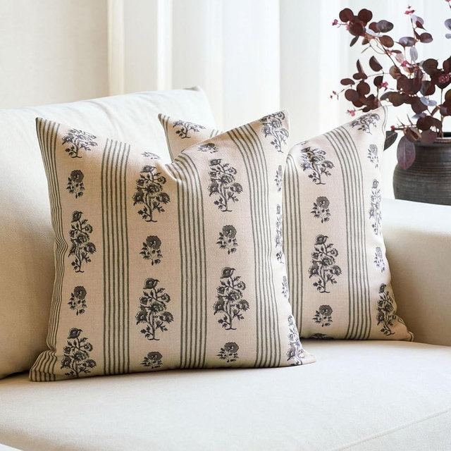 Amor Virisso Floral Throw Pillow Covers 22x22 Set of 2 Block Print Pillow Covers Neutral Floral Striped Farmhouse Decorative Pillow Covers for Sofa Couch Bed, Dusty Green