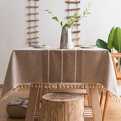 ColorBird Stitching Tassel Tablecloth Heavy Weight Cotton Linen Fabric Dust-Proof Table Cover for Kitchen Dinning Tabletop Decoration (Rectangle/Oblong, 55 x 86 Inch, Linen)