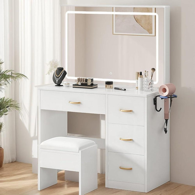 YITAHOME Vanity Desk with LED Lighted Mirror, Makeup Vanity Set with Power Strip, 4 Storage Drawers, Vanity Chair, Dressing Table with Brightness Adjustable, Bedroom Furniture for Women, Cream White