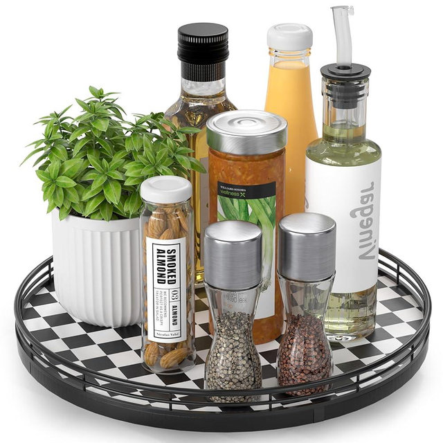 Black and White Kitchen Lazy Susan Turntable – Round Checkered Decorative Tray, 12” Table Top Oak Wood Lazy Susan for Cookies, Dining Table Organizer, Small Kitchen Table Centerpiece