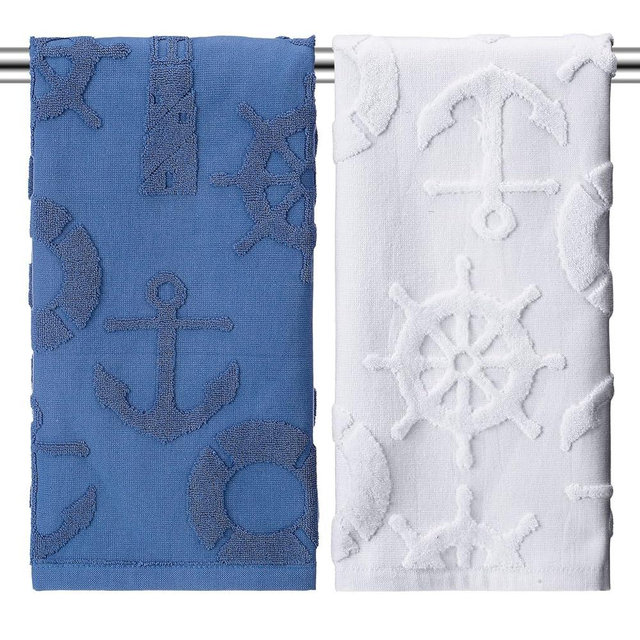 Fanfanwin 2 Pcs Summer Nautical Hand Towels for Bathroom Blue Nautical Beach Bathroom Hand Towel Nautical 100% Cotton Jacquard Weave Dish Washcloth for Kitchen Farmhouse Gifts 12.6 x 28.35 Inch