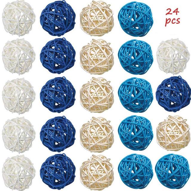 Hamiggaa Rattan Ball,24pcs Wicker Balls,Decorative Balls Orbs Vase Fillers for Craft,Party,Valentine's Day,Wedding Table Decoration,Aromatherapy Accessories(Natural Wood,White,Dark Blue,Blue)