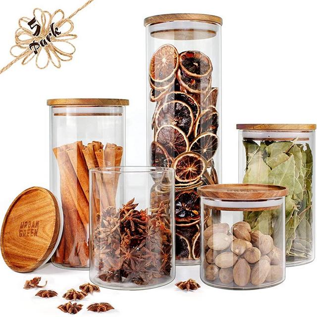 Glass Jars with Wood Lids Urban Green, Airtight Glass Canisters Sets, Glass Storage Containers, 5 Sets, Food Storage Containers, Glass Storage Jars with Lids, Glass Canisters, Panry Container Glass