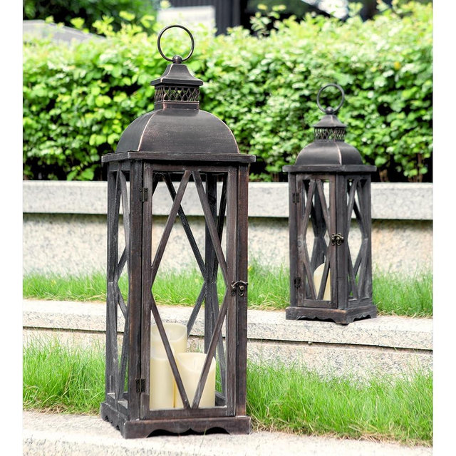 Perfnique Farmhouse Outdoor Lanterns for Patio, Set of 2 Rustic Lanterns Decor, Vintage Hanging Lanterns Decorative for Porch, Garden, Yard, Indoor (No Glass, Dark Brown)