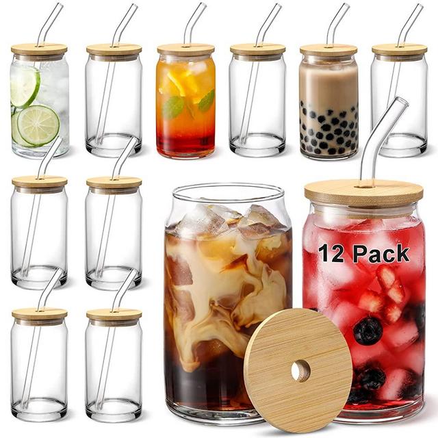[ 12pcs Set ] Glass Cups with Bamboo Lids and Glass Straw - Beer Can Shaped Drinking Glasses, 16 oz Iced Coffee Glasses, Cute Tumbler Cup for Smoothie, Boba Tea, Whiskey, Water - 4 Cleaning Brushes