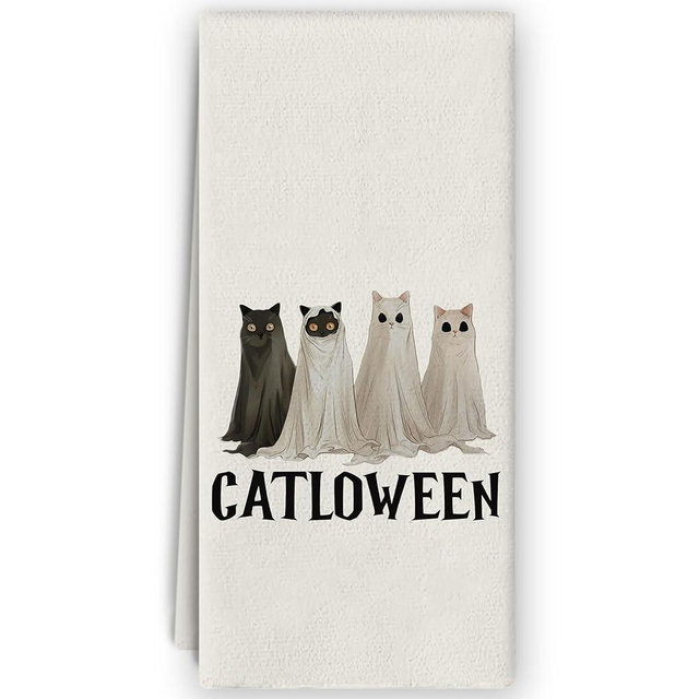 Bnzolyoia Halloween Kitchen Dish Towels - Funny Cat Decorative Hand Towels for Bathroom, Cute Ghost Cat Dish Towels Tea Towels, Cat Gifts, 16x24