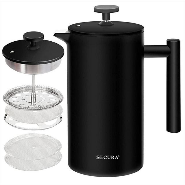 Secura French Press Coffee maker, Double-Wall 304 Grade Stainless Steel Coffee Press with 2 Extra Screens, Dishwasher Safe, 34oz (1L), Black