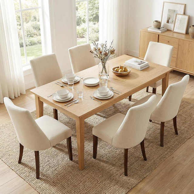 smartue Wooden Dining Chairs Set of 6, Upholstered Farmhouse Fabric Dining Room Chair, Mid Century Kitchen Chair for Restaurant & Cafe, Beige