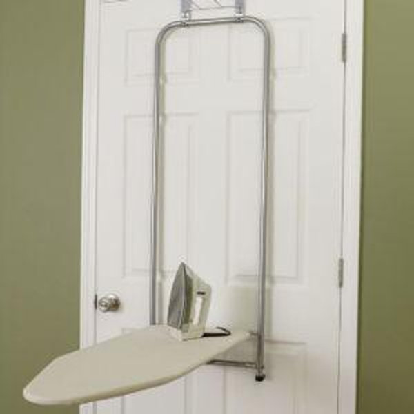 Over The Door Small Ironing Board with Iron Holder - Natural Cotton Cover - Silver