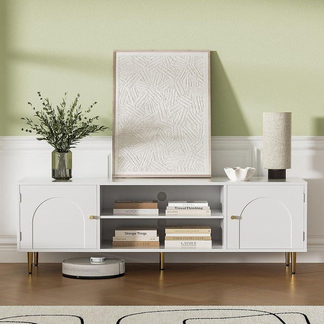 Housoul Modern TV Stand for 50/55/60 inch TV, TV Stand with Doors, Entertainment Center with Adjustable Shelf and Storage Cabinets, TV Media Console for Living Room, Bedroom, White