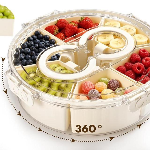Divided Snack Serving Tray with Lid and Handle，Snackle Box Container for Fruits Candy Organizer，Portable Spinning Rounded Veggie Tray for Kitchen, Party, Trave and Picnic