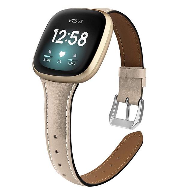 poshei Slim Leather Bands for Fitbit Versa 3 / Fitbit Sense,Top Grain Genuine Thin Leather Replacement Wristband Compatible with Fitbit Sense/Fitbit Versa 3 for Women Men (Beige)
