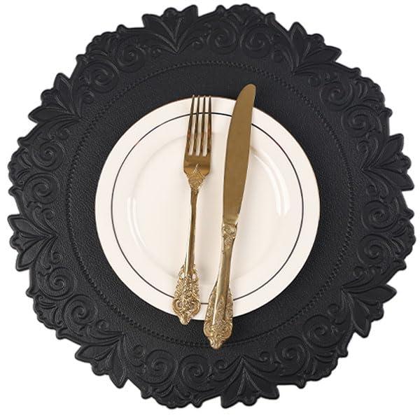 Noctiflorous Round Faux Leather 15 Inch Placemats Set of 6 Waterproof Wipeable Heat Resistant Tablemat for Dining Table Kitchen Non Slip Washable Oilproof Table Place Mat for Indoor Outdoor(Black, 6)