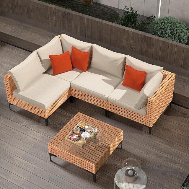 ARTBUSKE 5 Piece Outdoor Patio Furniture Set Modular Outdoor Furniture Set Wicker Outdoor Sectional Sofa with Cushions Table Patio Set for Balcony Porch Deck Yard (Salmon&Orange Wicker, Sand Cushion)