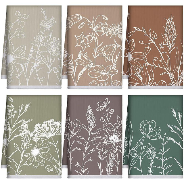 Bencailor 6 Pcs Vintage Floral Kitchen Towels Retro Spring Wildflower Dish Hand Towels Boho Neutral Botanical Absorbent Tea Kitchen Cloth, 16'' x 24''(Mixed Colors, Flowers Plants)