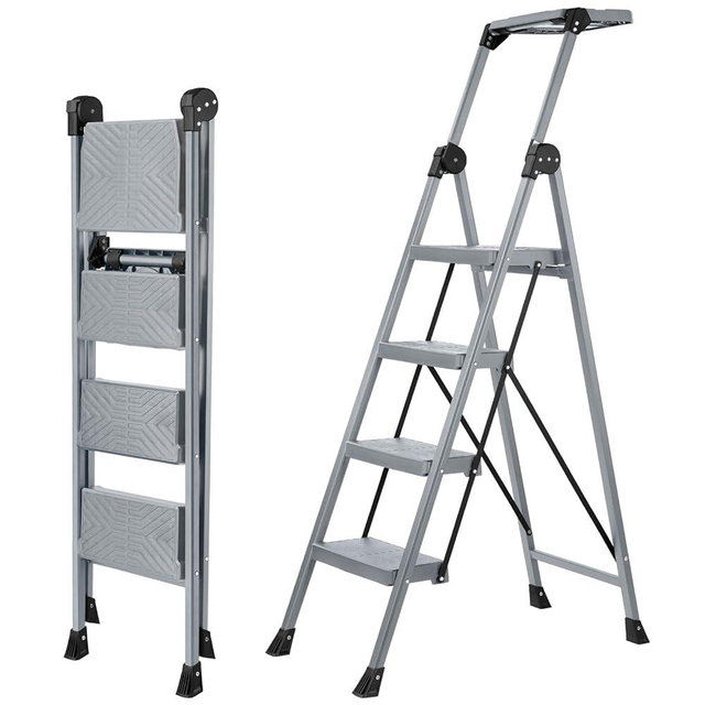 XinSunho 4 Step Ladder, Foldable Step Stool Ladder with Handrails & Tray, 660 lbs Heavy Duty Wide Pedals, Sturdy Steel Folding Ladder for Kitchen, Home, and Household Use(Silver, 4 Step)