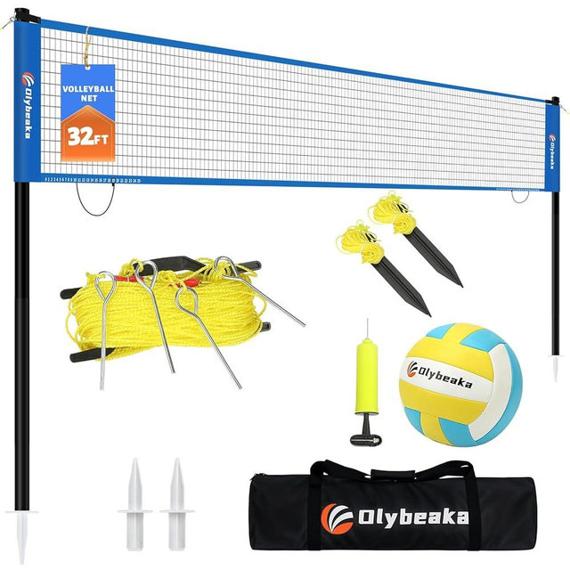 Portable Outdoor Volleyball Net Set for Backyard Beach with Adjustable Poles, Soft PU Volleyball & Pump, Carry Bag and Durable Anti-Sagging Net