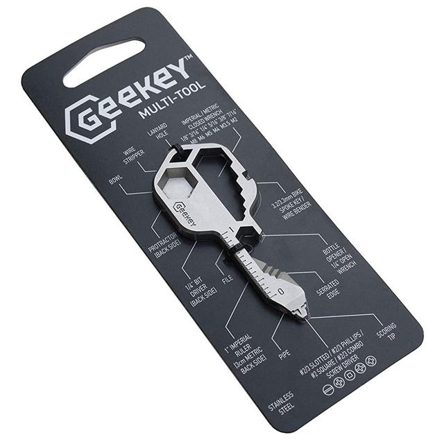 Geekey Multi-Tool | Stainless Steel Key Shaped Pocket Tool for Your Keychain | Includes Bottle Opener, Screwdriver, Ruler, Wrench, Bit Driver, File, Bike Spoke Key | TSA Friendly (Stainless Steel)