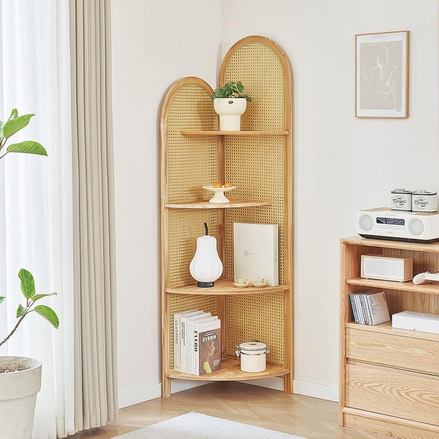 Aletheiawu 4-Tier Corner Shelf Stand 70" Corner Shelves Display Shelf Solid Wood Frame with Rattan Wall Corner Bookshelf Multi Unit Organizer Rack with Legs for Living Room Decor,Small Space (Natural)