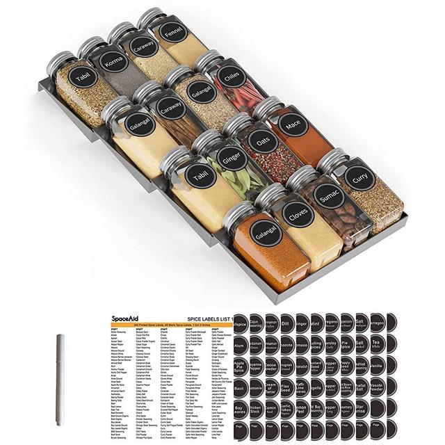 SpaceAid Spice Drawer Organizer with 16 Spice Jars, 386 Spice Labels and Chalk Marker, 4 Tier Seasoning Rack Tray Insert for Kitchen Drawers, 7.5" Wide x 17.5" Deep