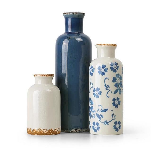 Ceramic Vases Set of 3, Blue and White Flower Decorative Vase for Farmhouse Shelves, Rustic Vase for Table Bookshelf, Living Room