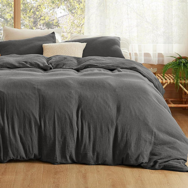 Bedsure 100% Muslin Cotton Duvet Cover Queen Size - Ultra-Soft, Breathable & Lightweight - Linen Like Gauze Comforter Cover Set with Zipper Closure and Corner Ties (Dark Grey, Queen, 90"x90")