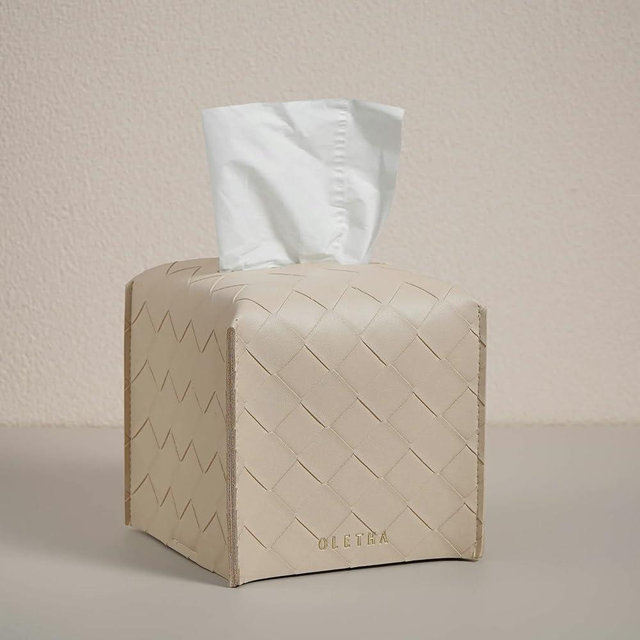 OLETHA Aesthetic Square Tissue Box Cover, Tissues Cube Box Holder, Woven Textured, Light Taupe