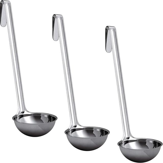 Super Sturdy, Ergonomic 4 Oz. Soup Ladle 3 Pk. Stainless Steel Ladles with Long Handles. Best Kitchen Accessories for Stirring, Portioning and Serving Soups, Chili and Stew in Restaurants and at Home